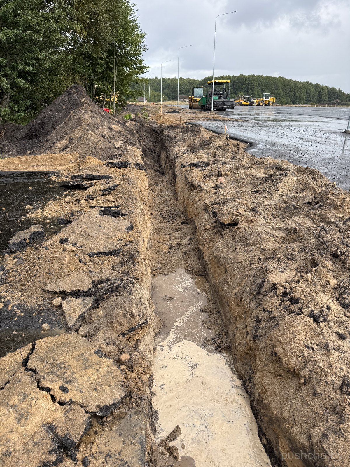 Глубокая траншея с мутной водой и земляные насыпи; рядом свежий асфальт, вдали — катки и асфальтоукладчик, столбы освещения.