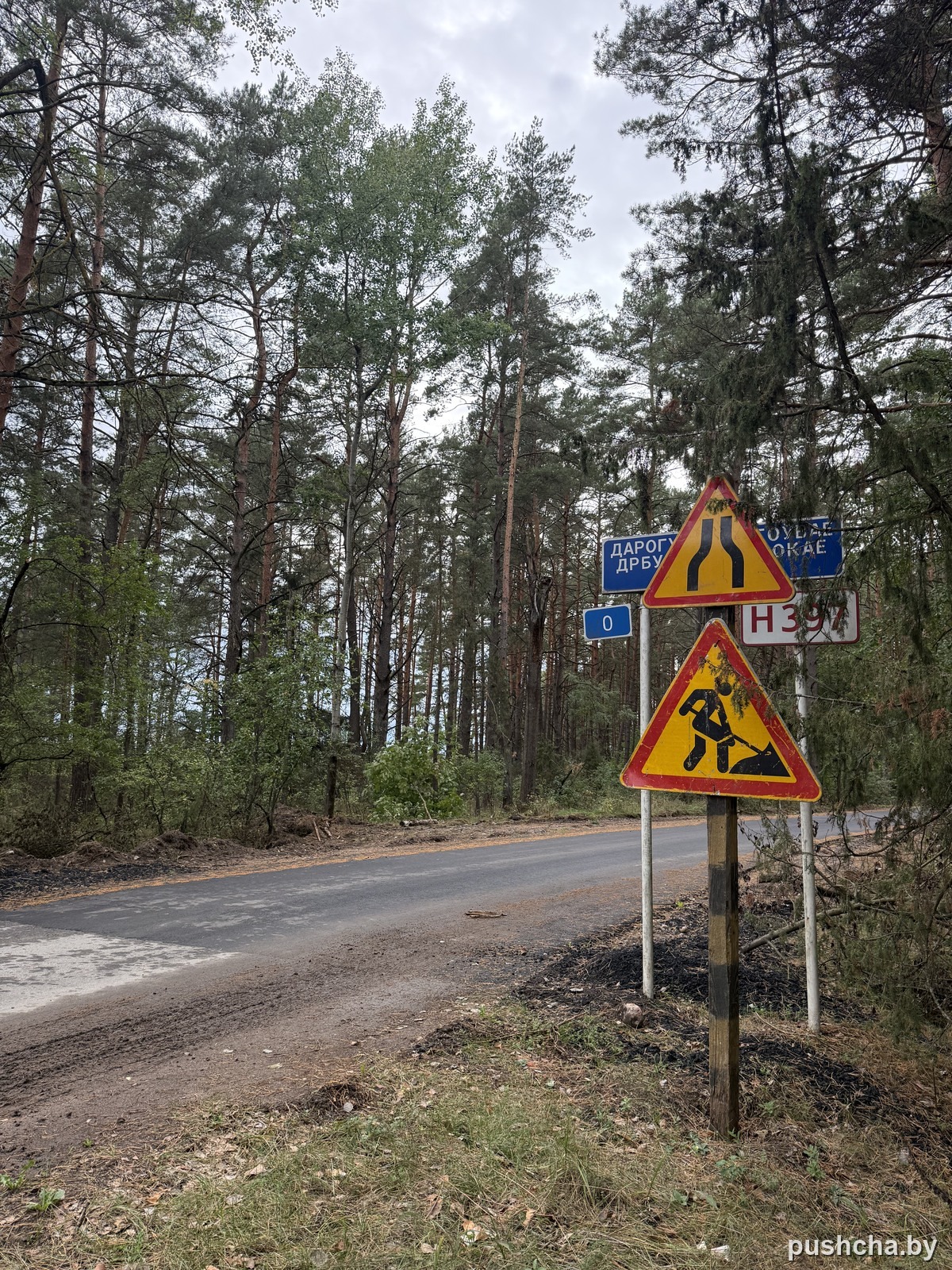 Дорожные знаки «Дорожные работы», указатель H397 и табличка ДРСУ у новой дороги в Маковище
